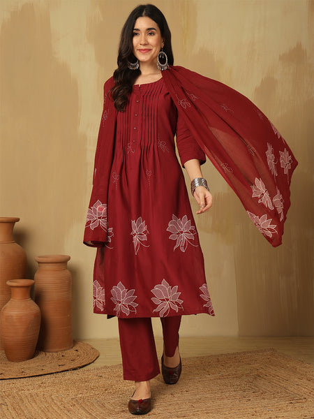 Women Red Cotton Discharge Printed A-line Kurta with Trouser & Dupatta