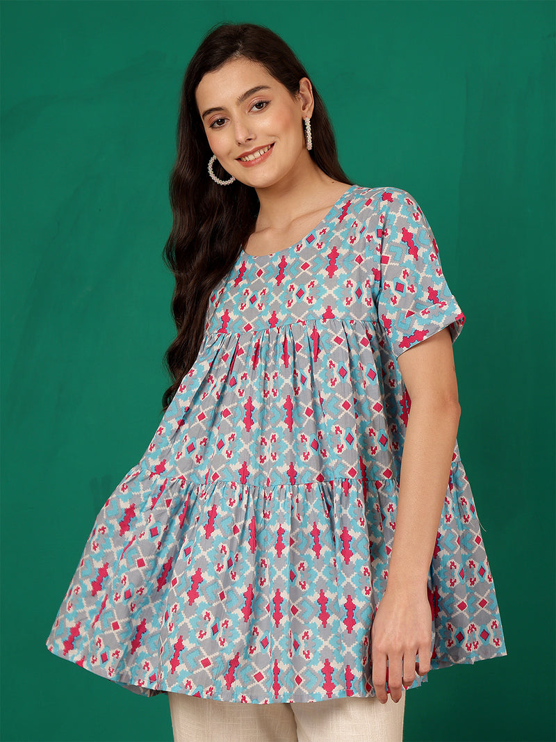 ANAISA Women Cotton Printed Sky blue & Pink Fit and Flare Summer Top