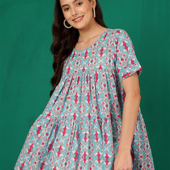 ANAISA Women Cotton Printed Sky blue & Pink Fit and Flare Summer Top