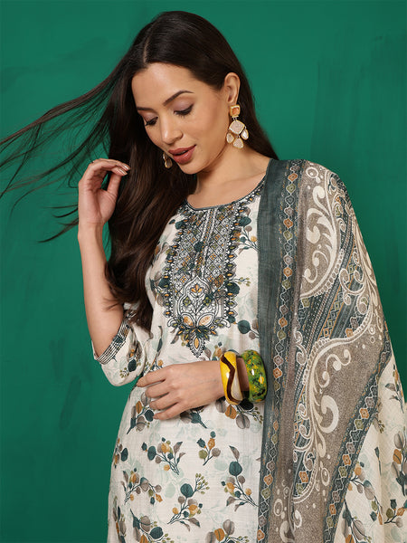 Women Green Floral Printed Yoke Embroidery Kurta with Trouser & Dupatta