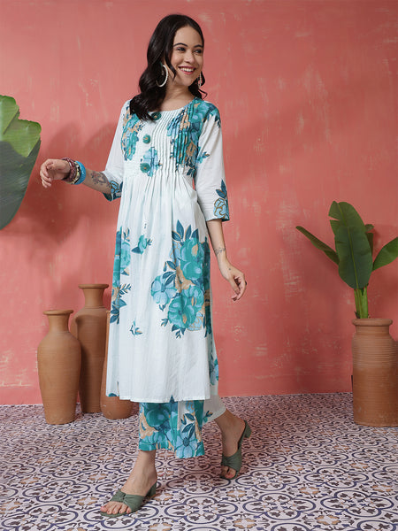 Women Blue Pure Cotton Floral Printed Kurta with Palazzo Set