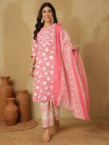 Women Pink Cotton Floral Printed Kurta with Trouser & Dupatta