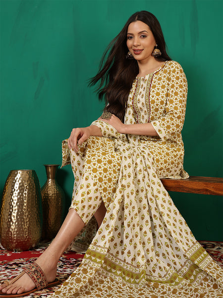 Women Cotton Beige Printed Kurta with Trouser & Dupatta