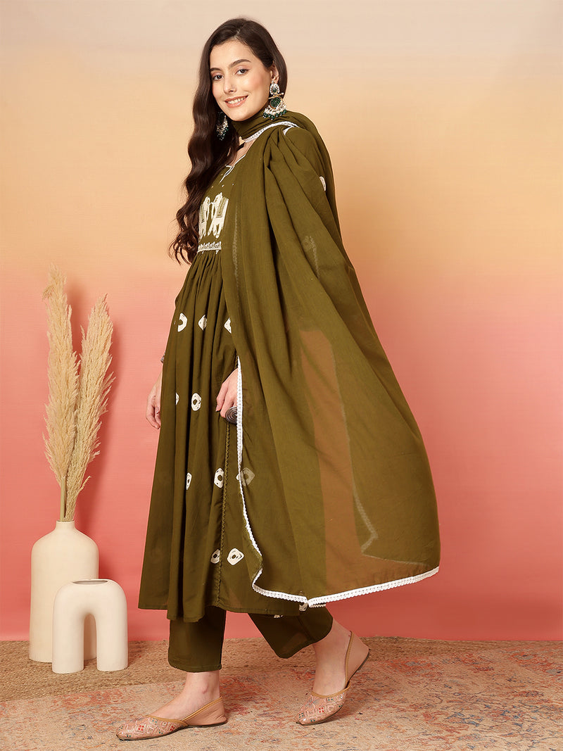 Women Cotton Olive Green Embroidery Anarkali Kurta with Trouser & Dupatta