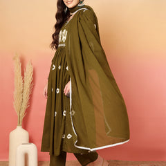 Women Cotton Olive Green Embroidery Anarkali Kurta with Trouser & Dupatta
