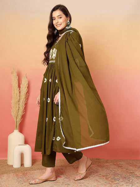 Women Cotton Olive Green Embroidery Anarkali Kurta with Trouser & Dupatta