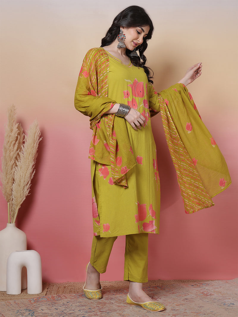 Women Coral Cotton Placement Printed Hand Work Kurta with Trouser & Dupatta