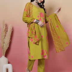 Women Coral Cotton Placement Printed Hand Work Kurta with Trouser & Dupatta
