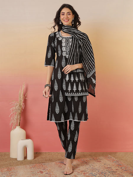 Women Black Regular wear Kurta with Trouser & Dupatta