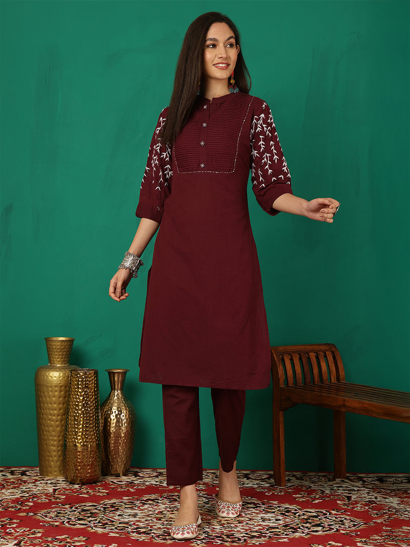 Women Maroon Silk Kurta with Trouser & Dupatta
