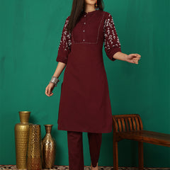 Women Maroon Silk Kurta with Trouser & Dupatta