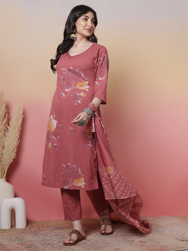 Women Coral Cotton Placement Printed Hand Work Kurta with Trouser & Dupatta
