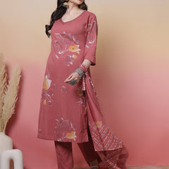 Women Coral Cotton Placement Printed Hand Work Kurta with Trouser & Dupatta