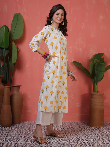 Women Cotton White & Orange Floral Printed A-line Kurta with Trosuer