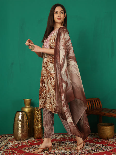 Women Brown Yoke Embroidery Kurta with Trouser & Dupatta