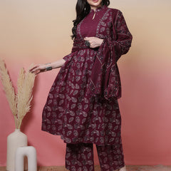 Women Green Floral Printed Hand Work Anarkali Kurta with Trouser & Dupatta