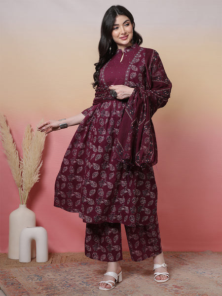 Women Green Floral Printed Hand Work Anarkali Kurta with Trouser & Dupatta