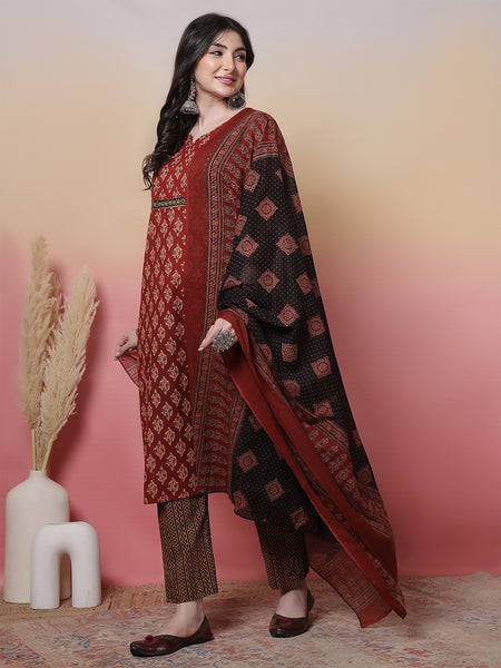 Women Black Cotton Hand Block Printed Kurta with Trouser & Dupatta