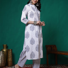 Women Pure Cotton White & Grey Printed Kurta with Trouser & Dupatta