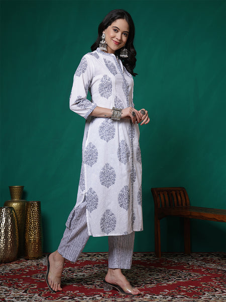 Women Pure Cotton White & Grey Printed Kurta with Trouser & Dupatta