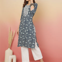 Women Grey Viscose Rayon Printed Regular Kurta