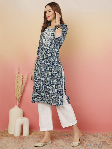 Women Grey Viscose Rayon Printed Regular Kurta