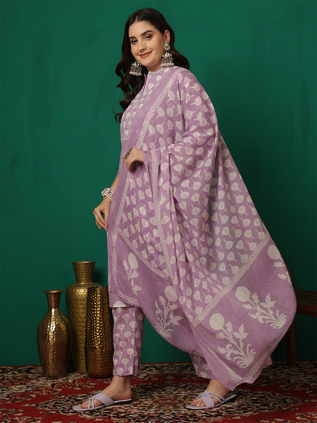 Women Cotton Printed Hand Work Yoke Kurta with Trouser & Dupatta