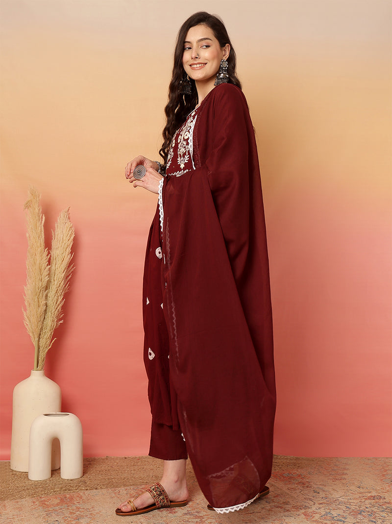Women Cotton Maroon Embroidery Anarkali Kurta with Trouser & Dupatta