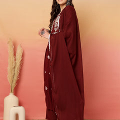 Women Cotton Maroon Embroidery Anarkali Kurta with Trouser & Dupatta