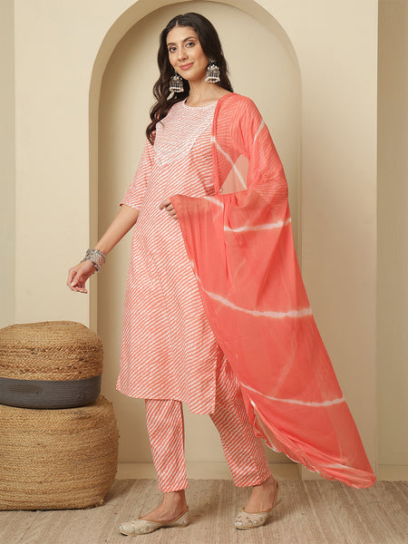 Women Cotton Printed Pink Straight Kurta with Trouser & Dupatta