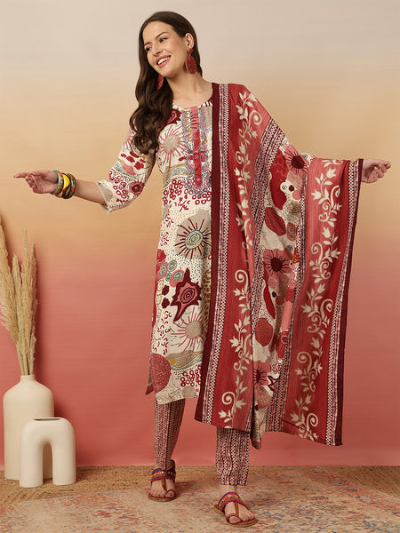 Women Red Digital Printed Kurta With Trouser & Dupatta