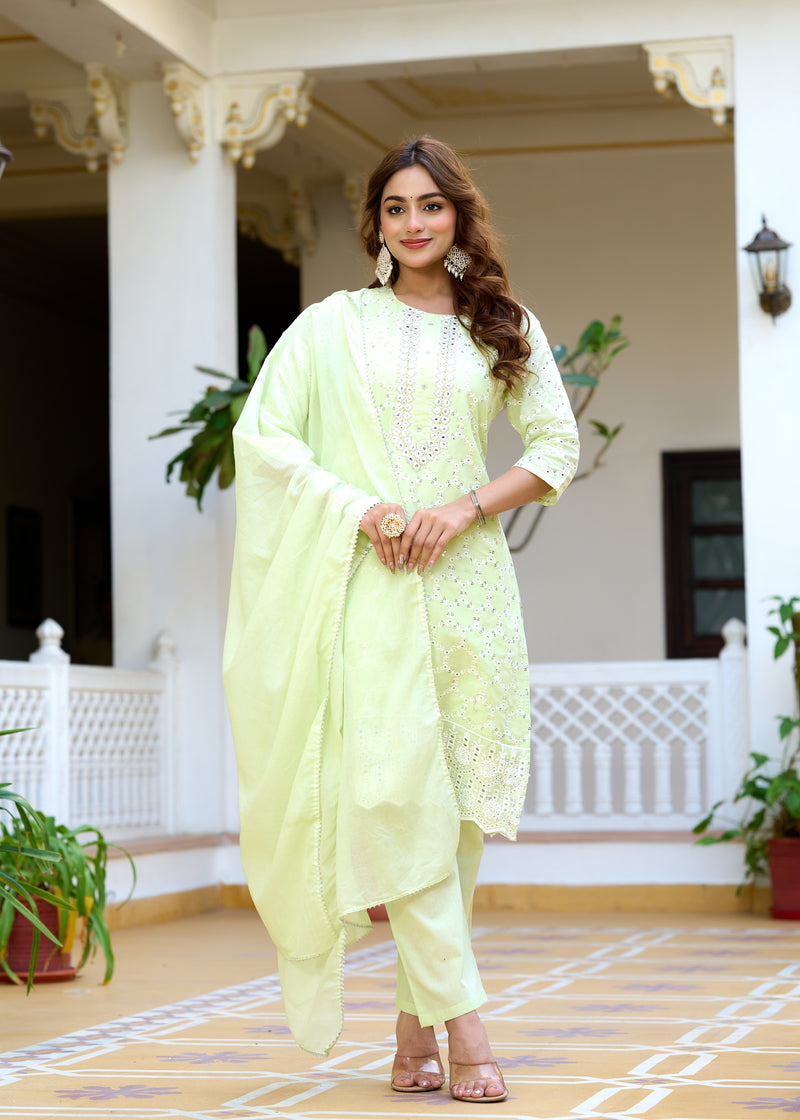 ANAISA Women cotton Schiffli embroidered Kurta with Trouser & Dupatta
