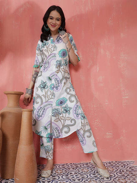 Women Green Pure Cotton Floral Printed Kurta with Trouser