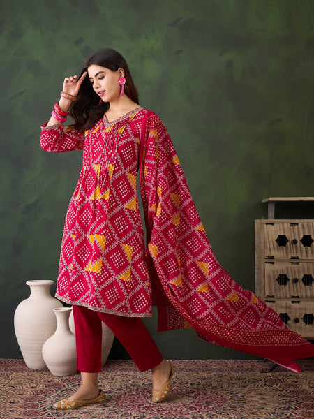 Women Pink Bandhani Printed Kurta With Trouser & Dupatta
