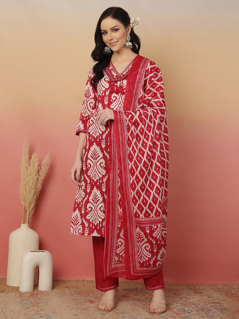 Sangira Women Cotton Printed V-neck, Straight Kurta with Trouser & Dupatta