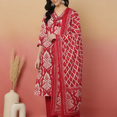 Sangira Women Cotton Printed V-neck, Straight Kurta with Trouser & Dupatta