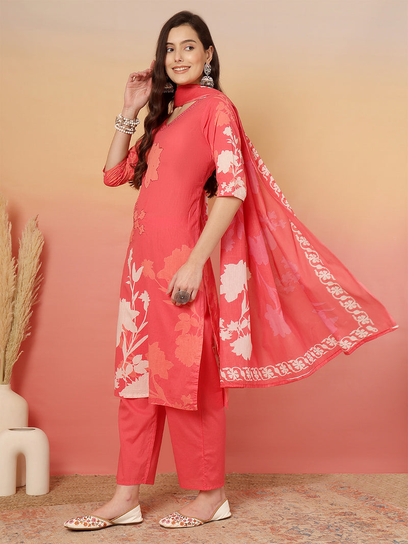 Women Cotton Printed Patch Work Kurta with Trouser & Dupatta