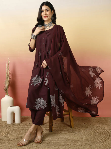 Women Cotton Discharge Printed A-line Kurta with Trouser & Dupatta