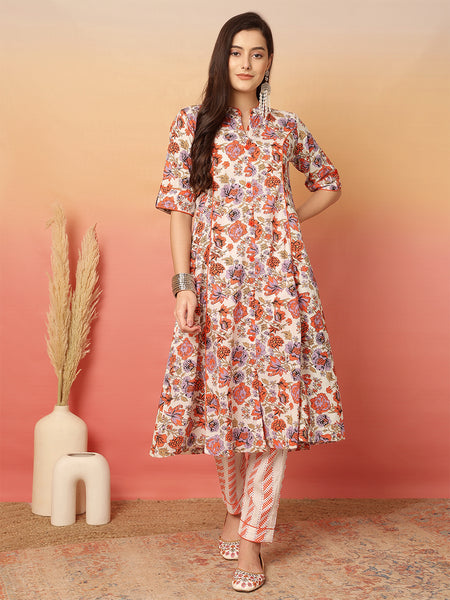 ANAISA Women Cotton Orange Floral Printed A-line, Calf Length Kurta with Trouser