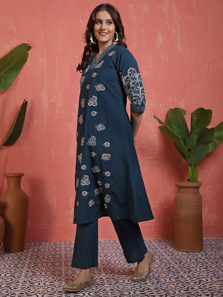 Women Cotton Flex Teal Figure Embroidery A-line Kurta with Trouser