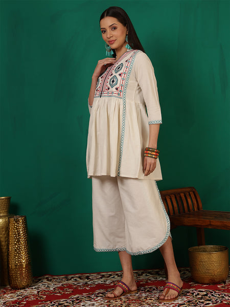 Women Cotton White Yoke Embroiery Top with Palazzo Co-ord Set