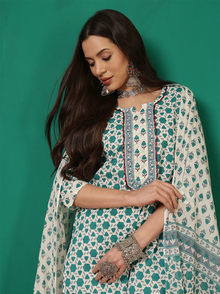 Women Cotton Light Blue Printed Kurta with Trouser & Dupatta