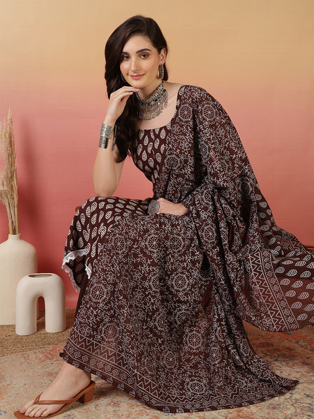 Women Brown Discharge Print Anarkali Kurta With Trouser & Dupatta