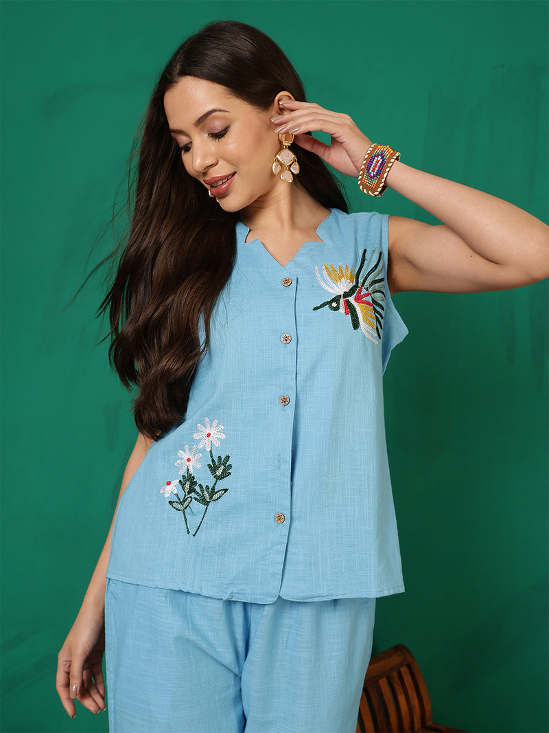 Women Cotton Aqua Blue Embroidery Top with Trouser Co-ord Set