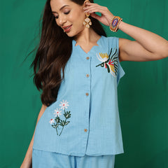 Women Cotton Aqua Blue Embroidery Top with Trouser Co-ord Set