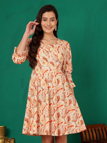 ANAISA Women Orange Pasley Printed Cotton , Round Neck, Knee Length Short Summer Dress