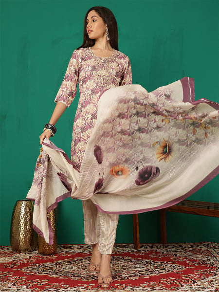 Women Purple Yoke Embroidery Kurta with Trouser & Dupatta