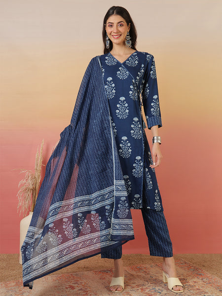 Women Blue Block Printed Front Slit Kurta With Palazzo Pant & Dupatta