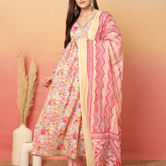 ANAISA Women Cotton Pink Color Printed Lace Work V-neck Anarkali Kurta with Pant & Dupatta