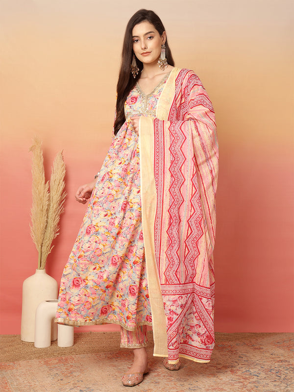 ANAISA Women Cotton Pink Color Printed Lace Work V-neck Anarkali Kurta with Pant & Dupatta
